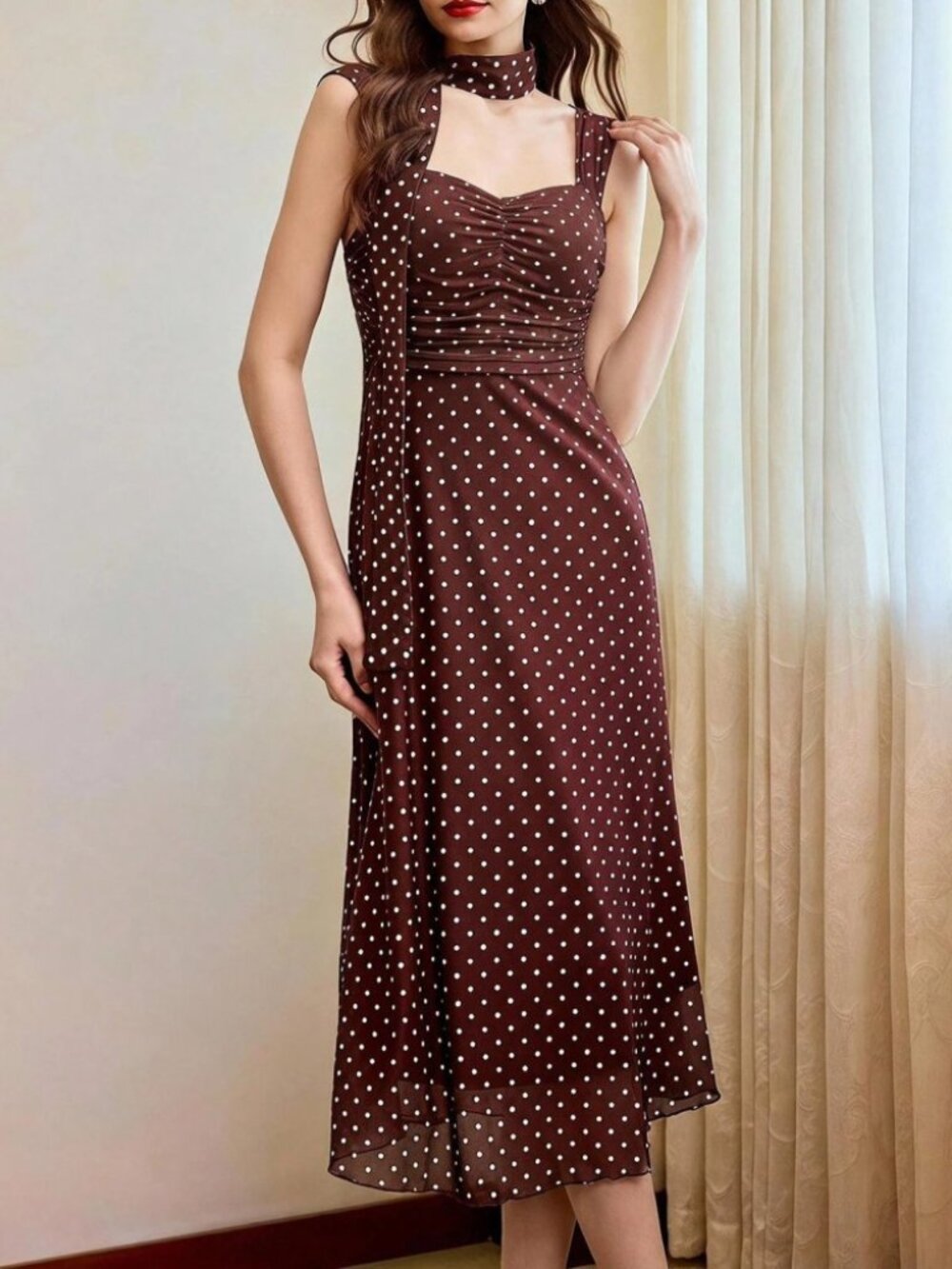 Brown Polka Dot Midi Dress with Attached Scarf Tie - Picture 6 of 7